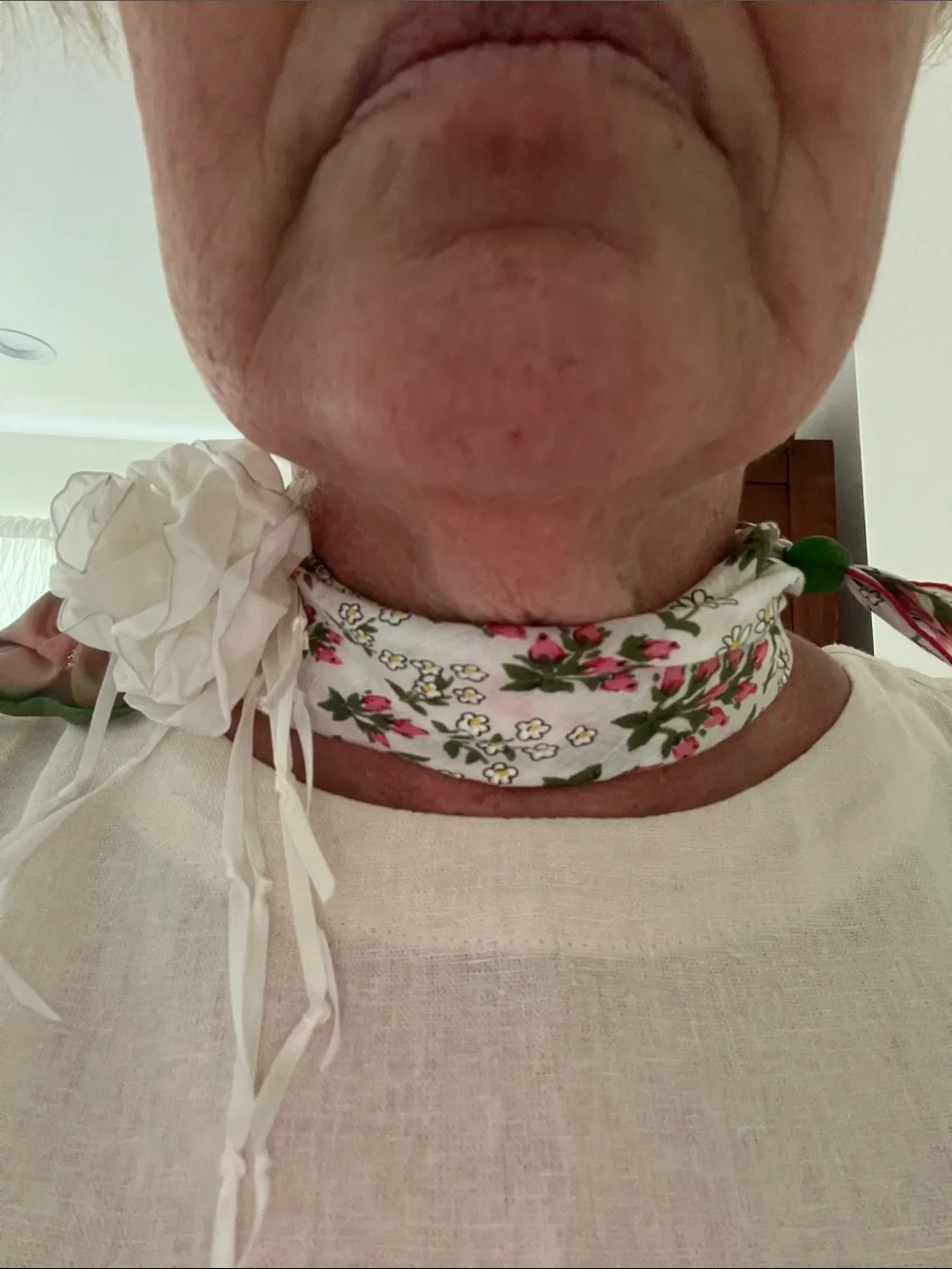 Vintage hankie and brooch - Floral Neck Scarf with White Fabric Rose